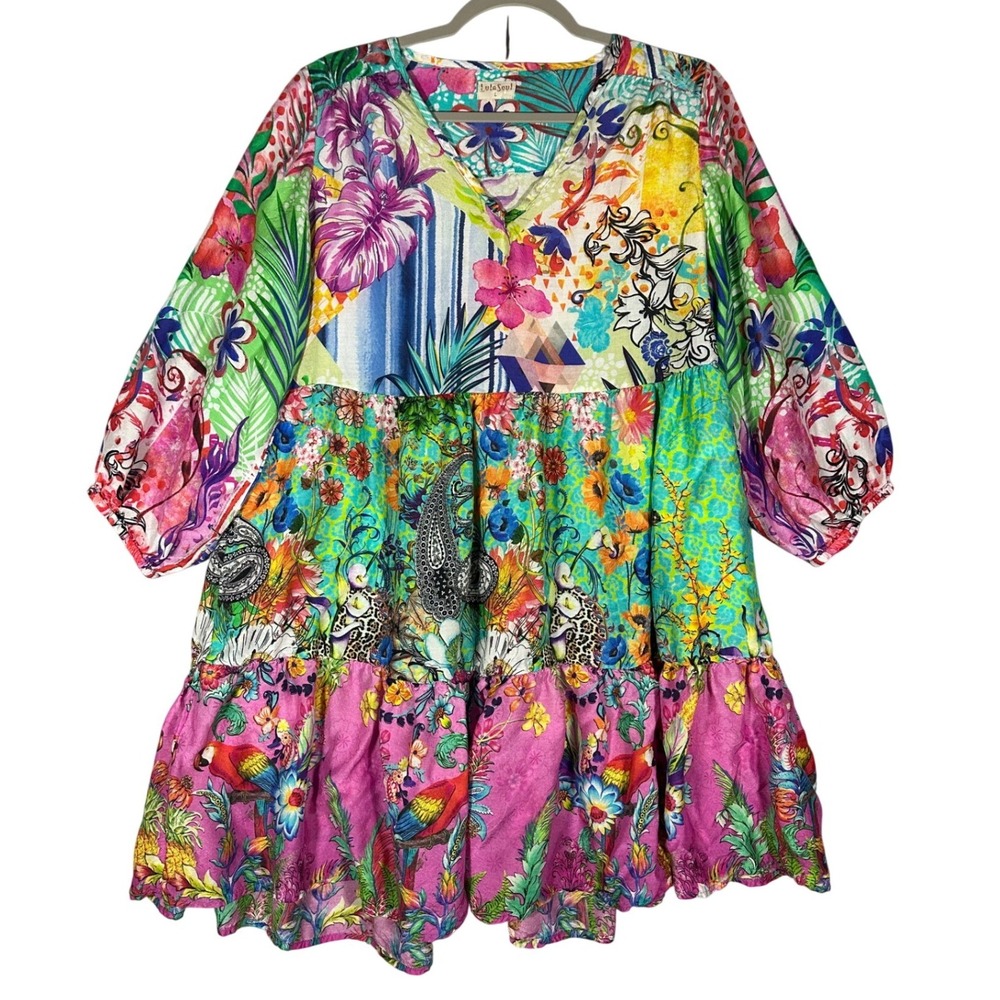 Lula Soul Floral Mixed Media Patchwork Tiered Boho Mini Dress Sz L Tropical Vaca
